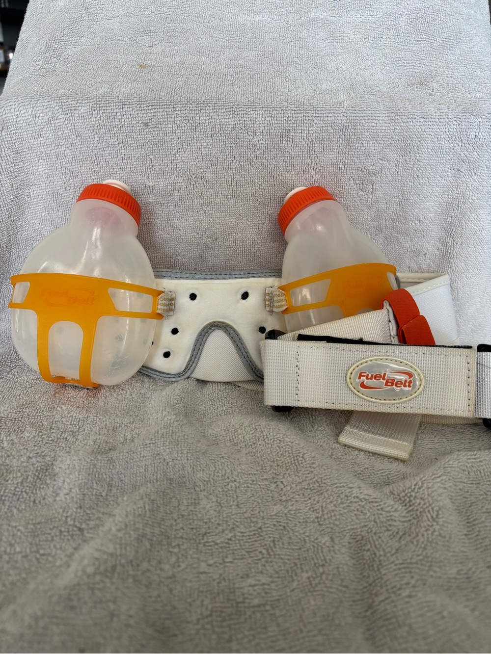 FuelBelt Hydration Running Belt w/ 2 Bottles, Adjustable, White/Orange/Gray